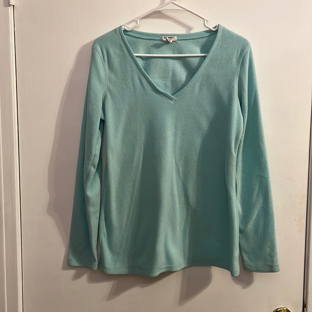 Light blue fleece v-neck pull over sweater